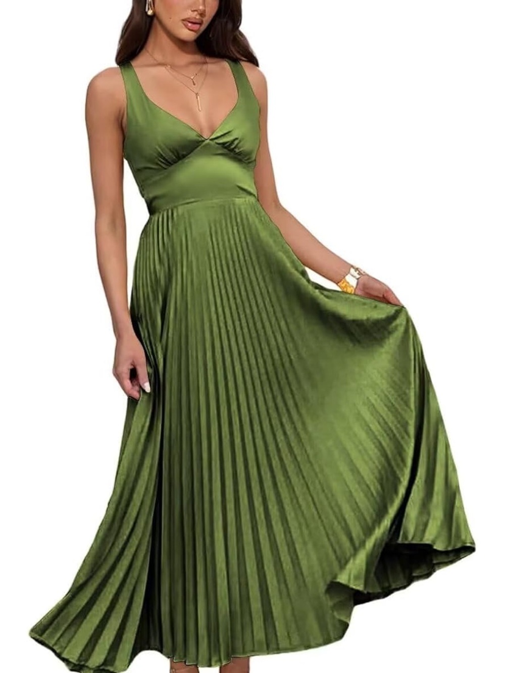 Olive Green Pleated V-Neck Maxi Dress